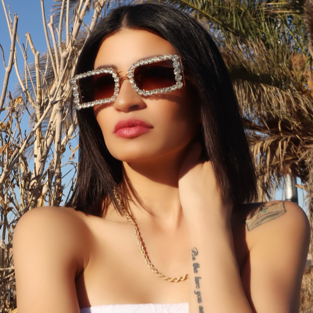 Look at Me Now Slim Rectangular Sunglasses w/ Rhinestones on Brown Frames & Lens
